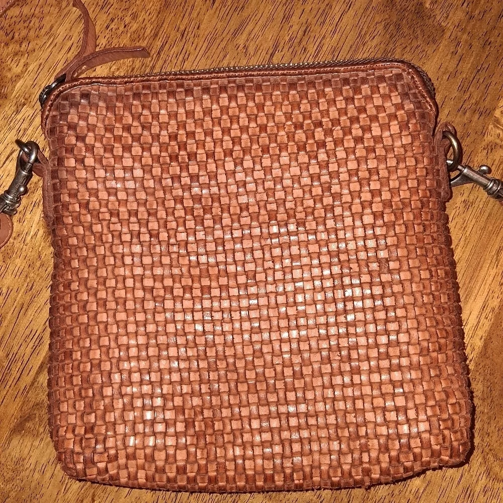 Harbour 2nd Square Woven Front Leather Crossbody Purse Handbag Cognac